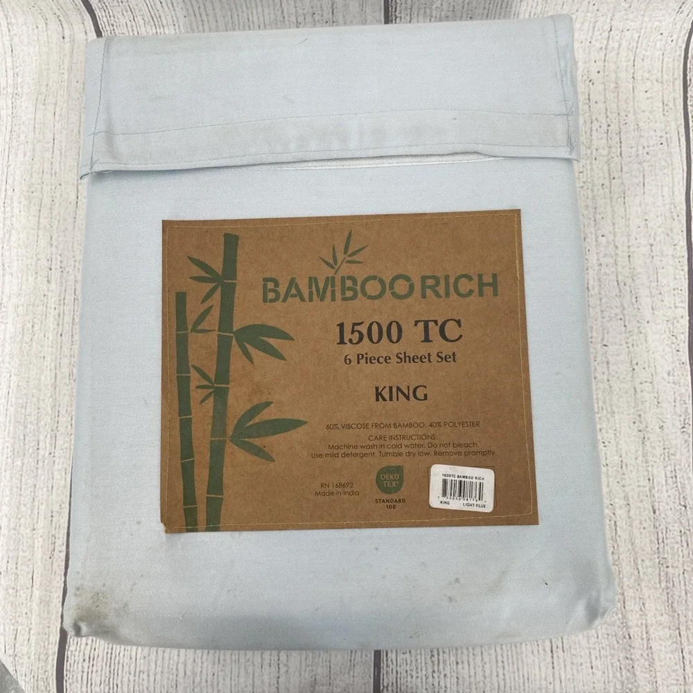 Bamboo Rich Sheet Set KING Light Blue 1500 Thread Count Silky Soft Sustainable